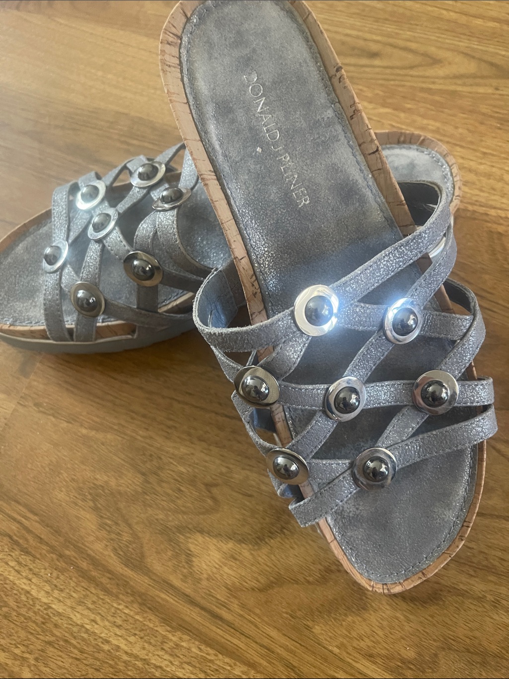 Donald J. Pliner Silver Metallic Studded Slide Mules